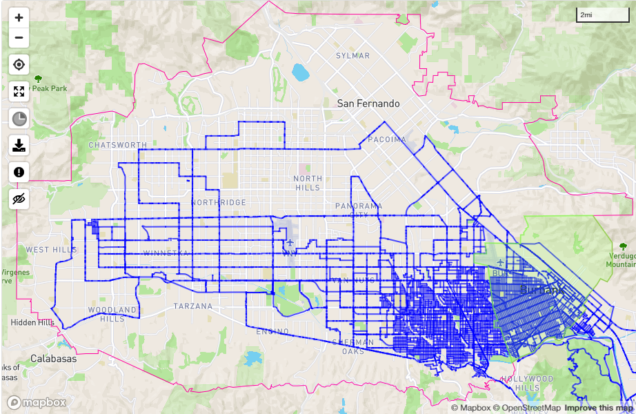 A map of my rides through the San Fernando Valley.