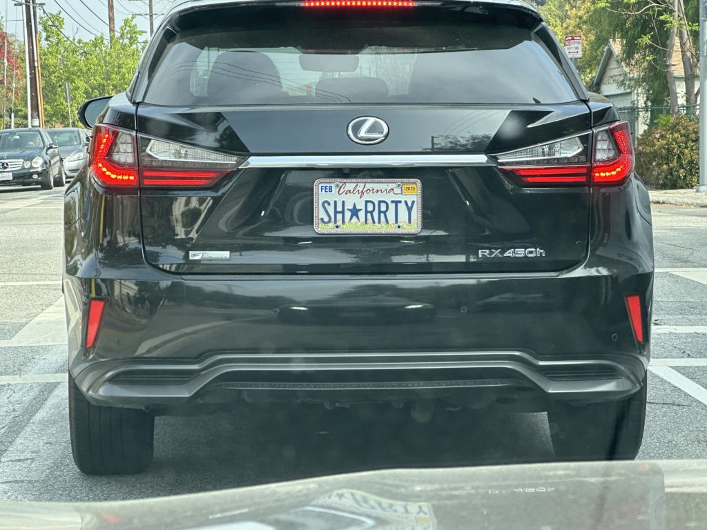 The back of a black SUV. The license plate reads "SH★RRTY."