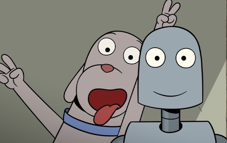 Dog and Robot from Robot Dreams taking a selfie.