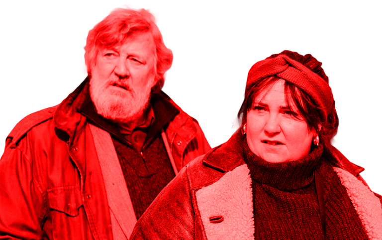 Stephen Fry and Lena Dunham in Treasure. They are looking to their right. They are colored red. The background is white. THAT IS IT.