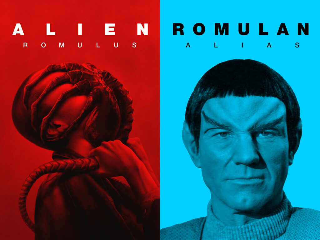 The left side: the poster for Alien: Romulus.

The right side: A fake poster for Romulan: Alias featuring Captain Picard disguised as a Romulan.