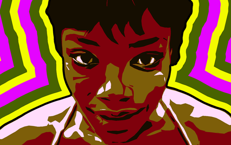 A graphic of Naomi Ackie as Frida in Blink Twice. A closeup of her face.