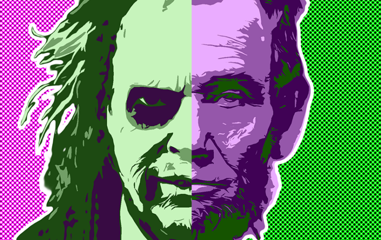 A split image of Michael Keaton as Beetlejuice on the left and Abraham Lincoln on the right