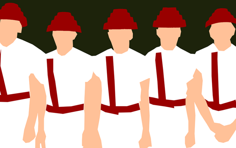 A simplified four color representation of the band Devo