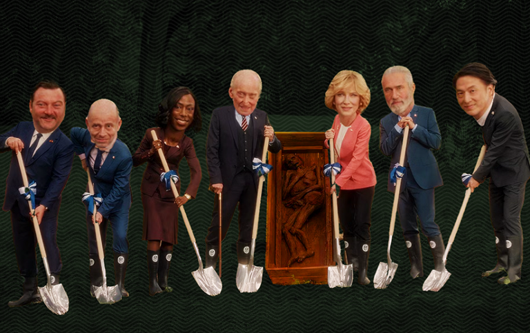 An altered image from Rumors showing giant-headed versions of the leaders of the G7 countries holding shovels and posing with a bog body.