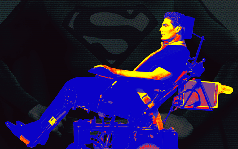 Stylized side view of Christopher Reeve in his wheelchair. He is shown in bright primary colors. In the background is a large, muted closeup of his chest from the movie Superman.