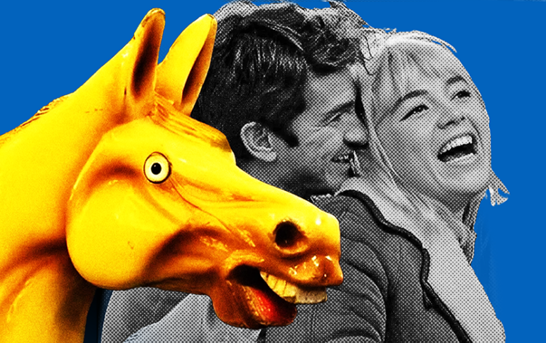 Stylized fake newssprint image of Andrew Garfield and Florence Pugh with a bright yellow carousel horse head