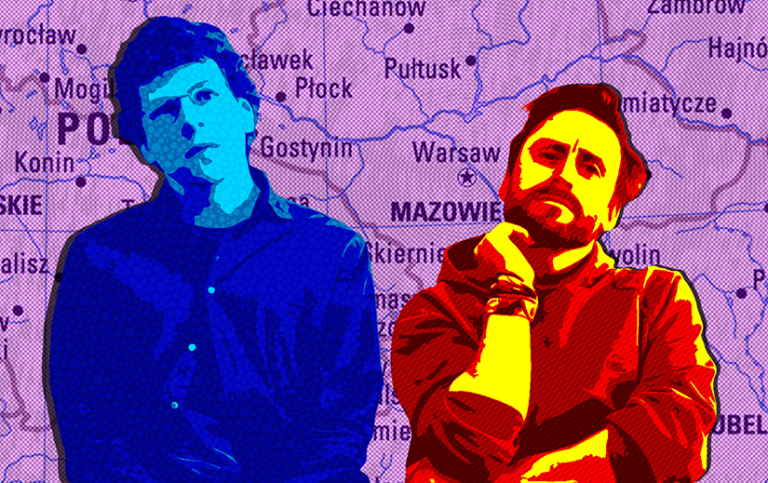 Stylized image of Jesse Eisenberg and Kieran Culkin in A Real Pain. Jesse is blue and cyan; Kieran is Red and yellow. The background is a partial map of Poland.