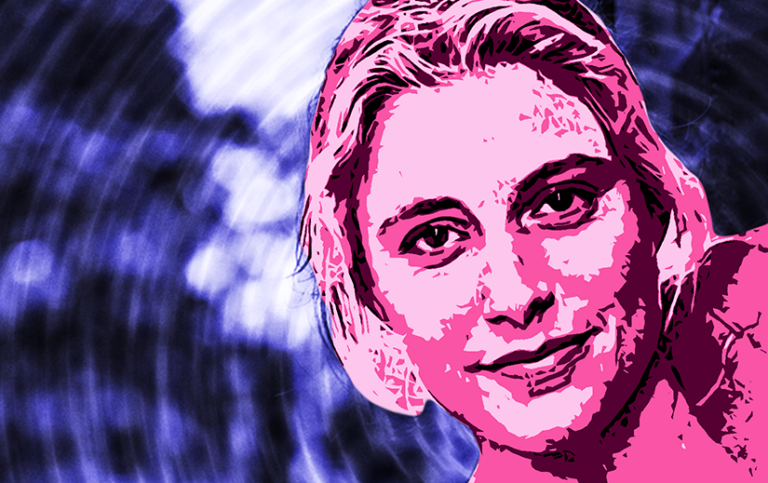 Stylized image of Greta Gerwig in Frances Ha. She is four shades of pink. The background is blue with dark, blurry rings.