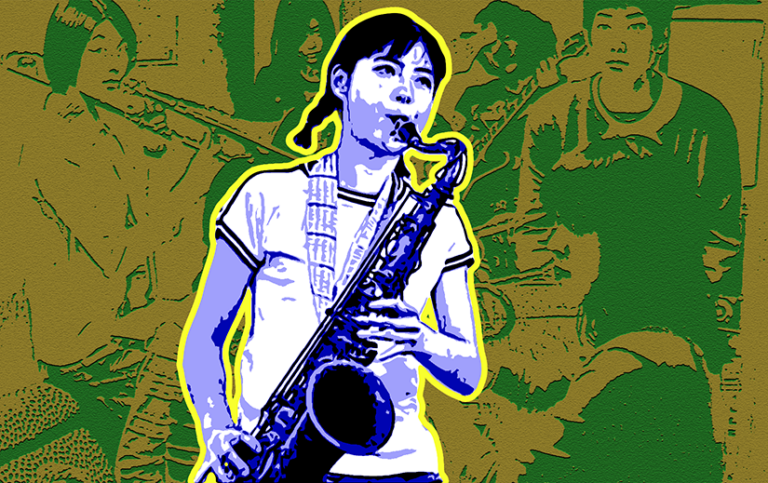 Stylized four color image of a girl playing saxophone. The two-tone image behind her is of the rest of the Swing Girls band.