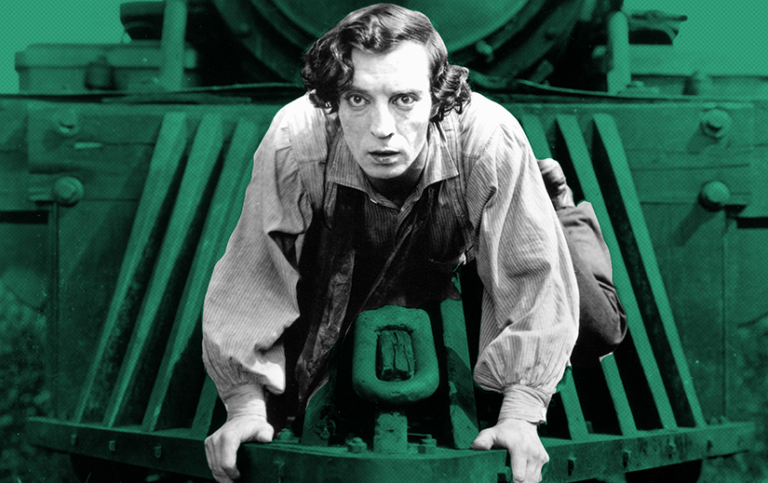 Buster Keaton on a train's cow catcher in The General