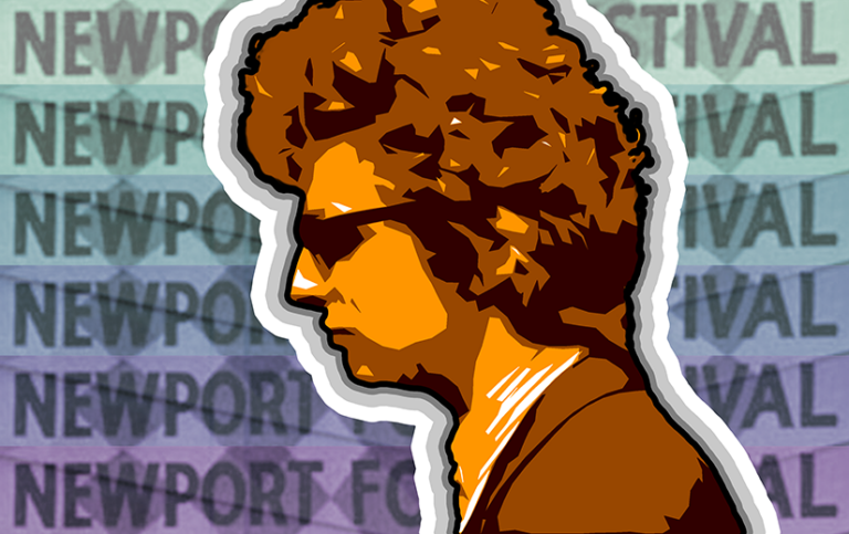 Graphic of Timothée Chalamet as Bob Dylan in A Complete Unknown. In the background the words "NEWPORT FOLK FESTIVAL" are repeated on different colored backgrounds.