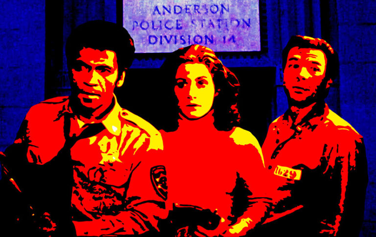 The three main characters of Assault on Precinct 13. THey are posterized to three colors (red, yellow, and black). Behind them is a sign that reads "Anderson Police Station Division 14."