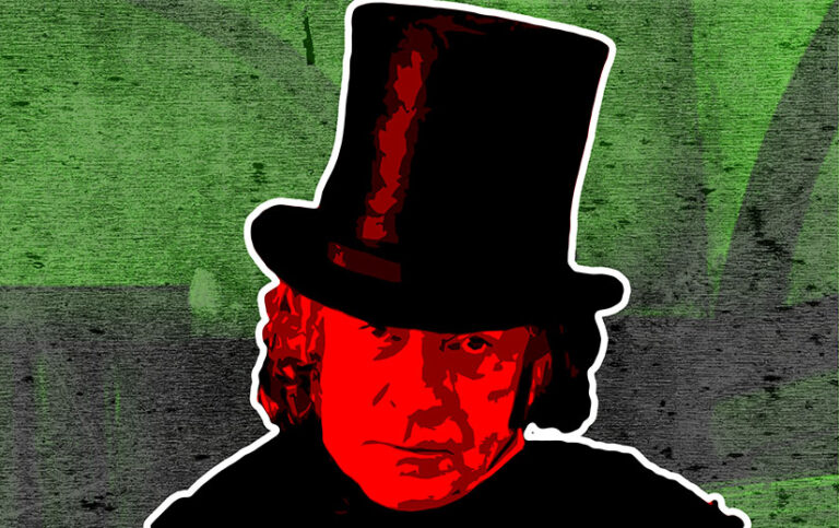 Michael Caine as Ebeneezer Scrooge in The Muppet Christmas Carol. He is all shades of red and black. The background is a grungy green.