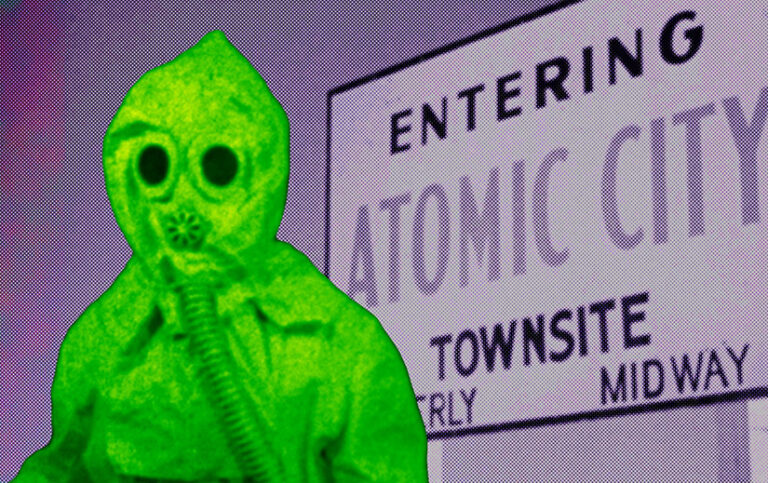 Collage of two images from The Atomic Cafe. A person in the 1950s wearing an anti-radiation suit, and a sign that reads "Entering Atomic City Townsite"