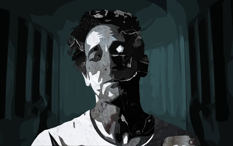 Collage-like graphic of Adrien Brody in The Brutalist.