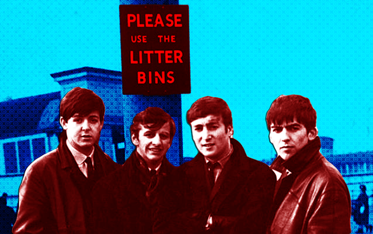 Stylized red and blue image of The Beatles standing in front of a sign reading "PLEASE USE THE LITTER BINS." From left to right: Paul, Ringo, John, George