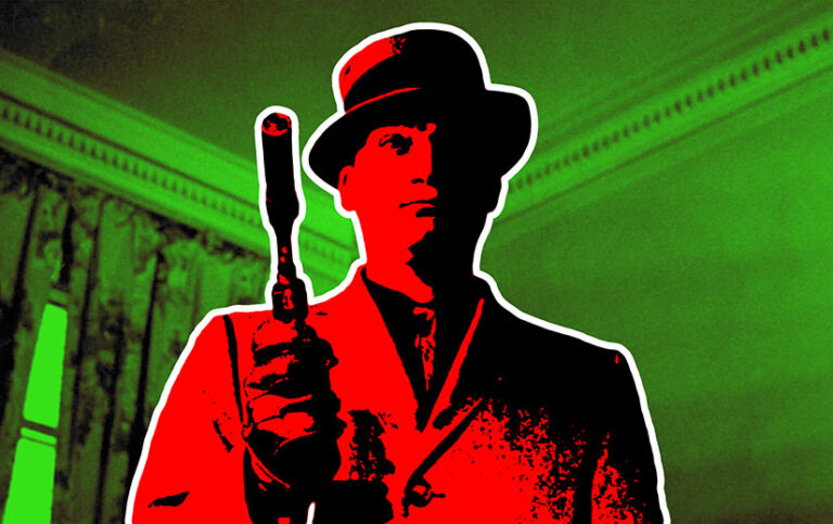 Allen Baron as Frank Bono in Blast of Silence. He is shot slightly from below, shown from the chest up in high contrast red and black. He is holding a gun with a silencer, pointing upward, in his right hand. The background is a green room.