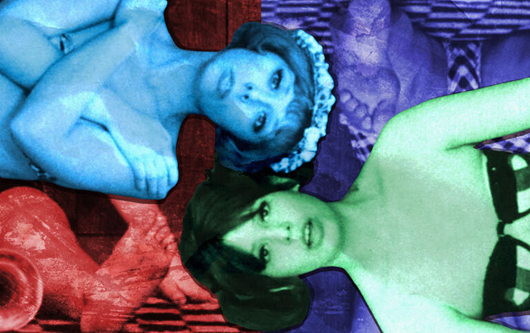 Marie and Marie, the main characters of Daises. Marie is blue and on her side in the upper left, but Marie is green and on her side in the lower right. In the background, Marie's leg is purple and upside down in the upper right, and Marie's leg is red and right side up in the lower left.