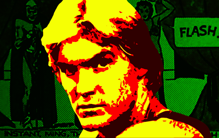 Stylized portrait of Sam Jones as Flash Gordon. The background is a panel from a Flash Gordon comic strip overlaid with green.