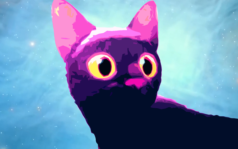 Stylized image of Cat from Flow. He has pink ears and nose, wide yellow eyes, and pink & purple fur. The background is a light blue star field.