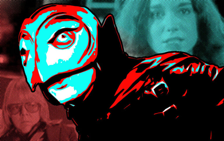 Graphic of Winslow/The Phantom in Phantom of the Paradise. The faces of Phoenix and Swan are visible in the background.