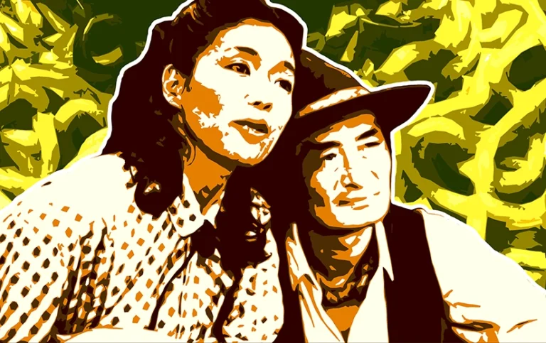 Graphic of Tampopo and Gorō from the movie Tampopo, chest up, leaning against each other and looking off to their left. The background is large ramen noodles.