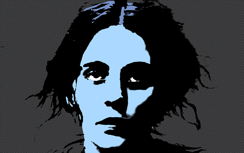 Portrait of Koraline in The Girl with the Needle, looking weary. She is black and blue, and the background is a halftone gray.