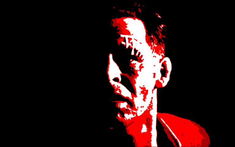 Stylized black, red, and white portrait of Stoker in The Set-Up