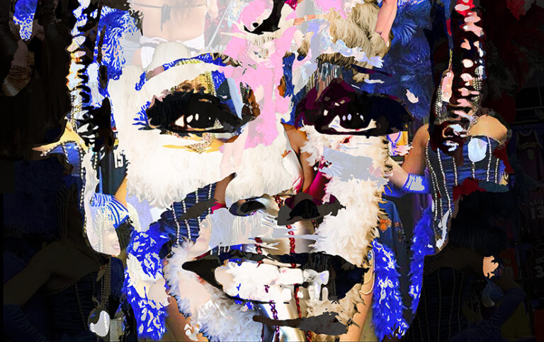 Graphic of Pamela Anderson's face in The Last Showgirl made of pieces of pictures of other showgirls.