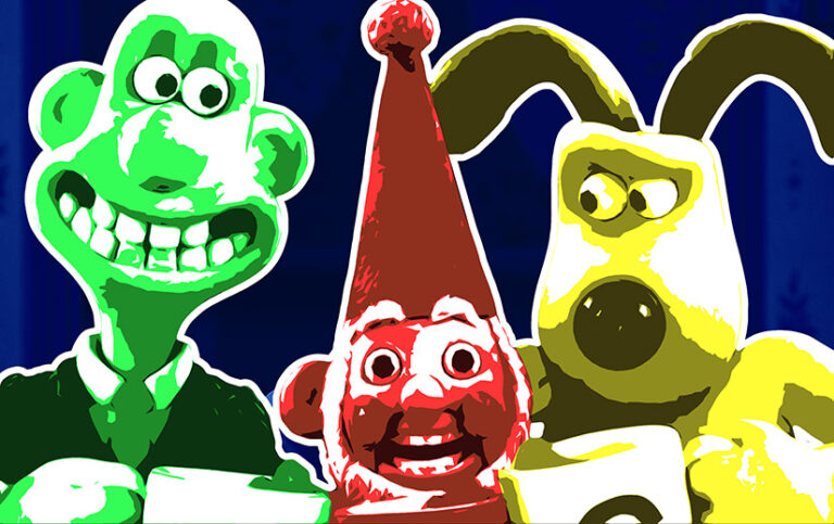 Primary-colored graphic of Wallace (greens), Norbot (reds), and Gromit (yellows) from Wallace & Gromit: Vengeance Most Fowl.