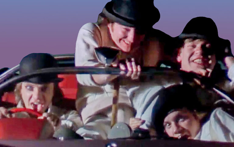 Alex and the Droogs in a car in A Clockwork Orange.