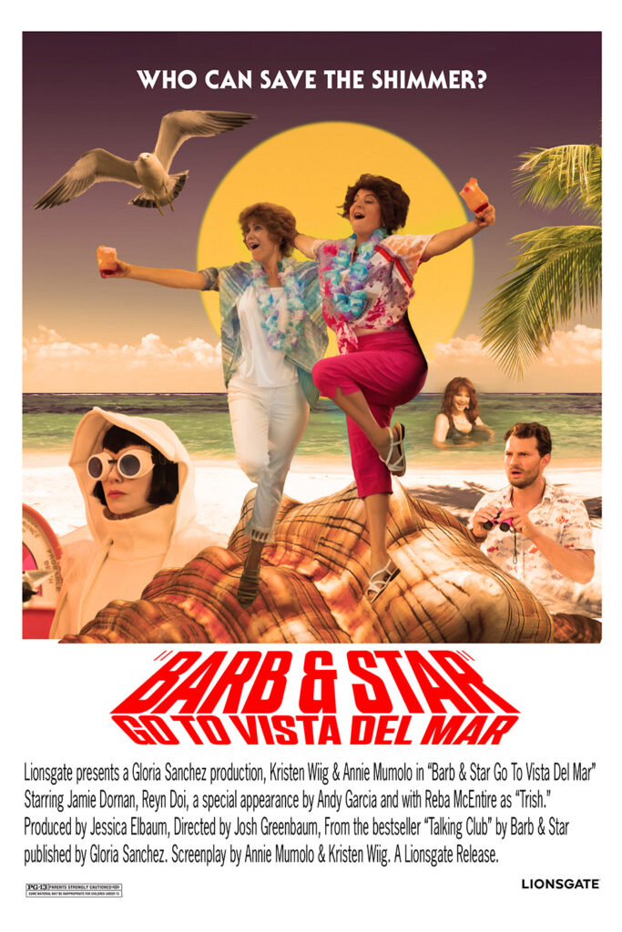 A poster for Barb & Star Go To Vista Del Mar that's an homage to  Barbarella.