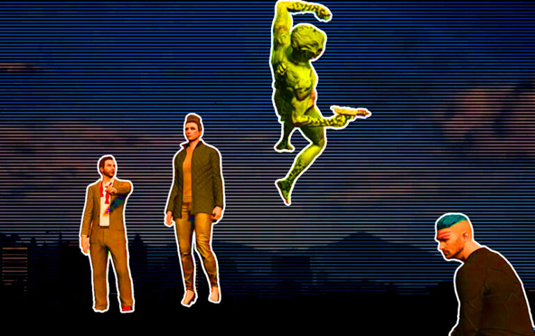 A stylized graphic of several of the characters from Grand Theft Hamlet. They all have saturated color and white outlines. The backbround is a darker screenshot from Grand Theft Auto, with fairly faint horizontal banding lines.