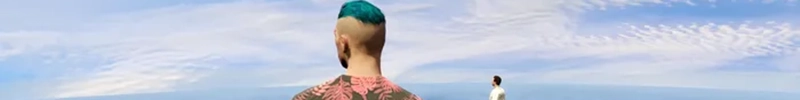 A shot from Grand Theft Hamlet composed in Grand Theft Auto. The shoulders and back of the head of Hamlet (Sam Crane). He is wearing a pink and grey floral t-shirt. His head is shaved on the sides and back. The hair on top is a vibrant teal. He is looking out over a sky of wispy white clouds.