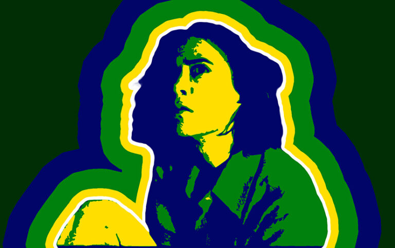 Stylized image of Fernanda Torres as Eunice Paiva, in the colors of the flag of Brazil.