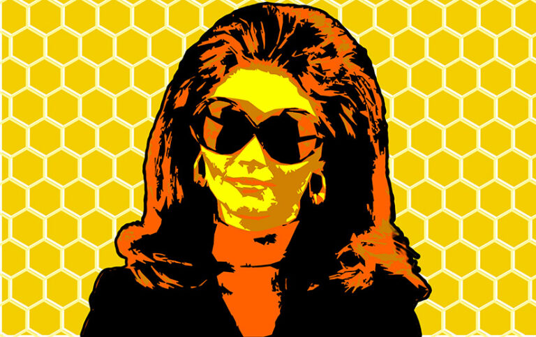 Stylized image of Dr. Susan Harris against a honeycomb background. she has big hair and sunglasses