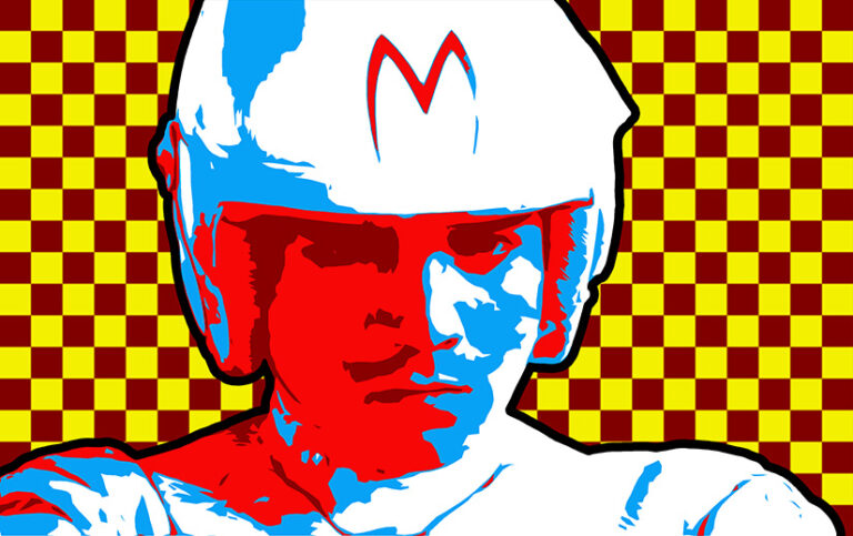 Graphic of Speed Racer. Red, cyan, and blue Speed Racer head in the foreground; red & yellow checkerboard pattern background.