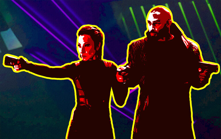 Stylized image of Philippa Georgiou and Alok Sahar brandishing phasers in Star Trek: Section 31