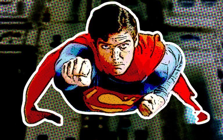 Superman (Christopher Reeve) flying toward the camera. The image has been modified to include comic book coloring overlays.