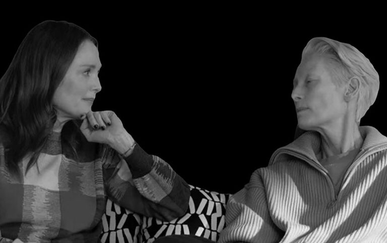 A black and white image of Julianne Moore and Tilda Swinton in The Room Next Door