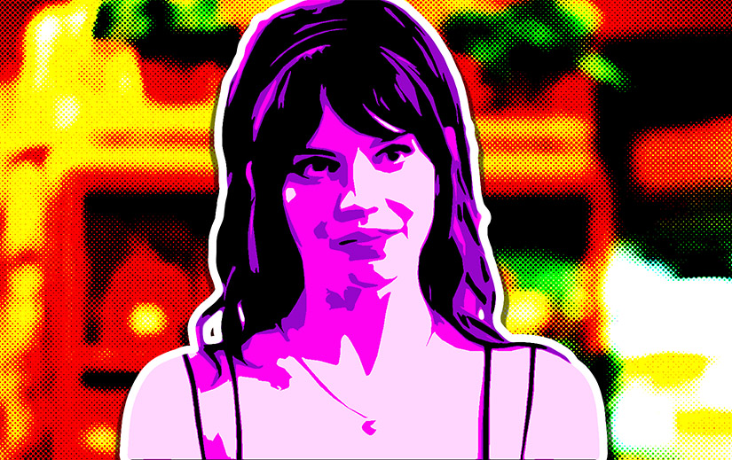 Sophie Thatcher as Iris in Companion. She is rendered in pinks and purples. The background is out of focus reds, yellows, and greens.