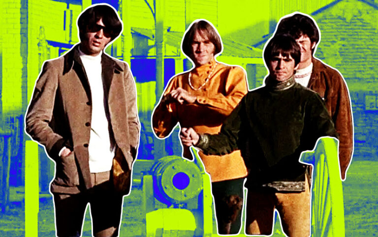 The Monkees, looking at the camera, standing around a small Civil War era cannon. the cannon is pointed toward the camera. The Monkees are colored normally, but everything around them is blue and bright green.