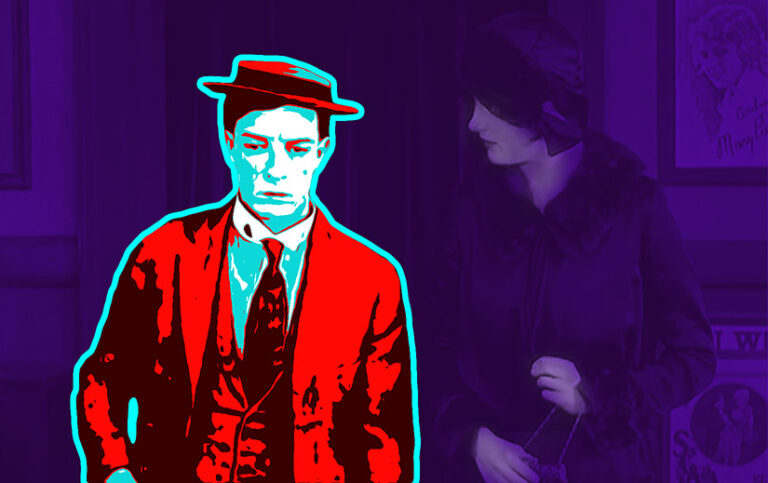 Stylized four color image of Buster Keaton in Sherlock, Jr. He is brightly colored in red, cyan, and white, looking out of the frame of the image toward the viewer. The rest of the image, including a woman standing next to him and looking at him, is shades of purple.