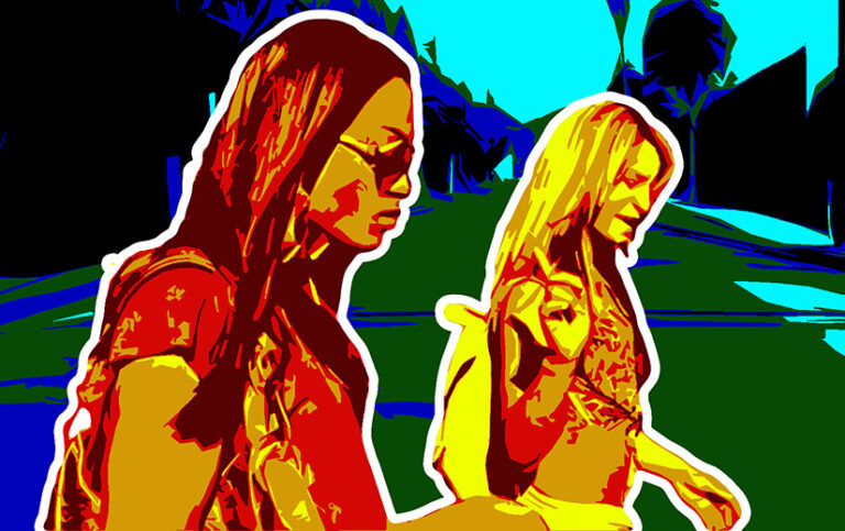 Graphic of Alexandra and Sin-Dee walking in Hollywood in Sean Baker's Tangerine.