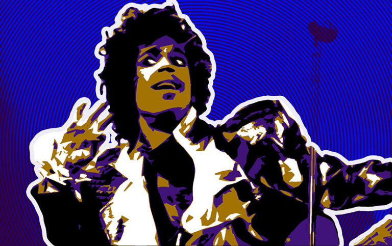 Stylized image of Prince from Purple Rain. He is shown in black, purple, brownish orange, and white. The background is blue and purple.