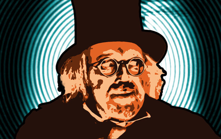 Dr. Caligari in The Cabinet of Dr. Caligari. He is shades of orange. The background is concentric white, cyan, and black rings.