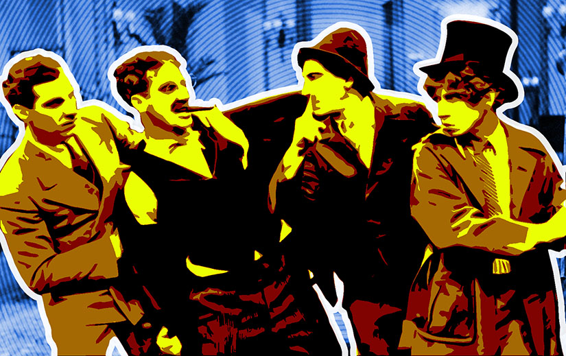 Zeppo, Groucho, Chico, and Harp Marx in a stylized image from The Cocoanuts. THe Marx Brothers are rendered in shades of red and yellow. The background is a hotel lobby in shades of blue.