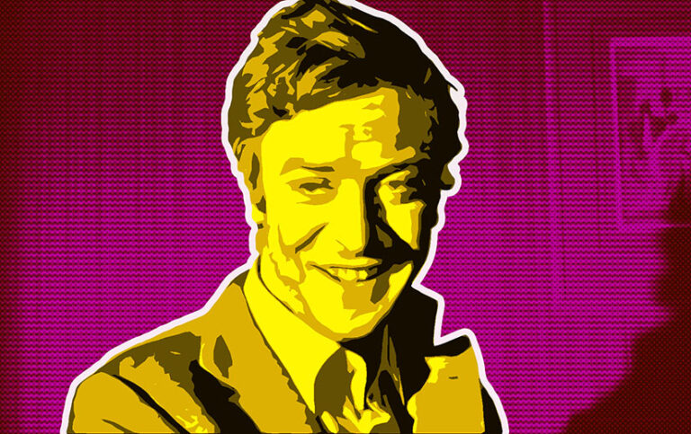 Graphic of Michael Caine in The Italian Job. He is shown in shades of yellow and gold. The background is red and magenta.